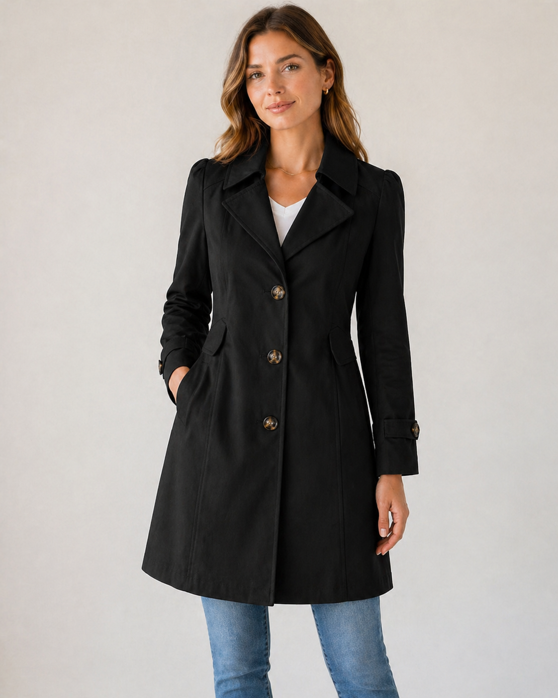 Women's Short Cotton Blend Tailored Trench Coat with Buttons