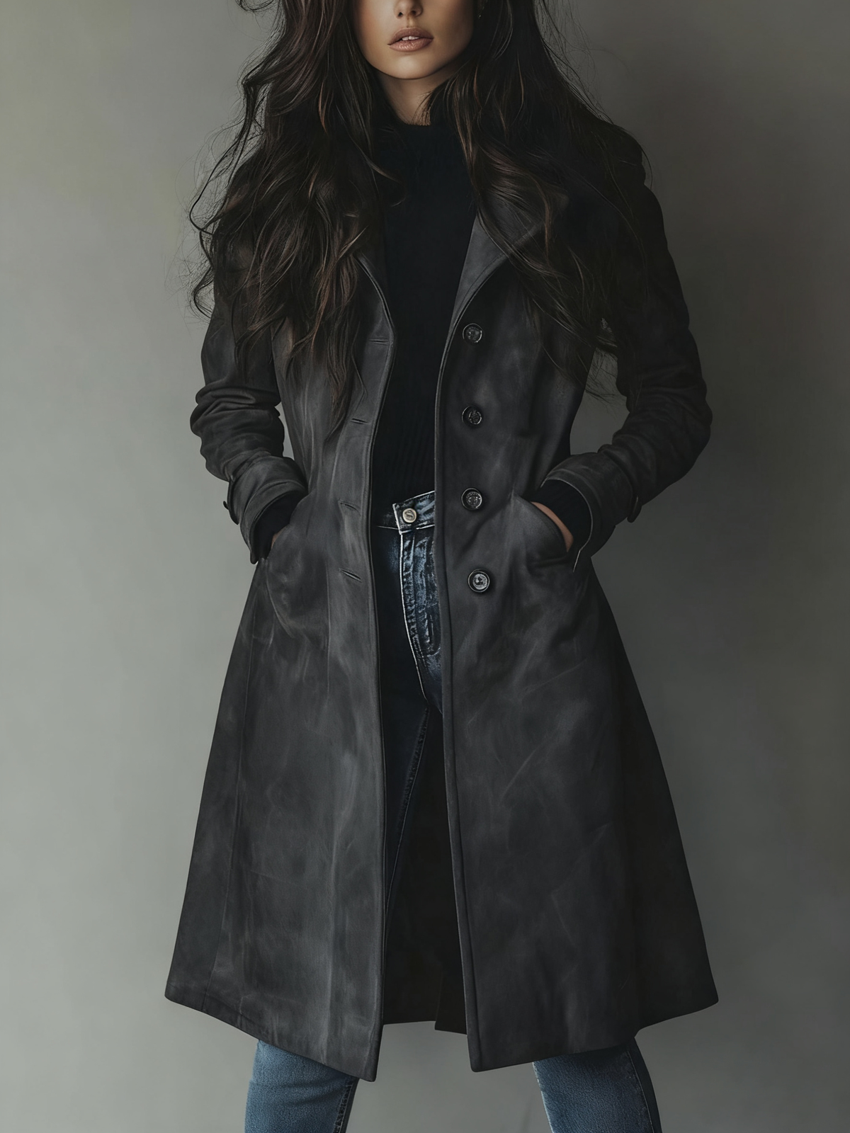 Women's Classic Suede Trench Coat with Relaxed Fit