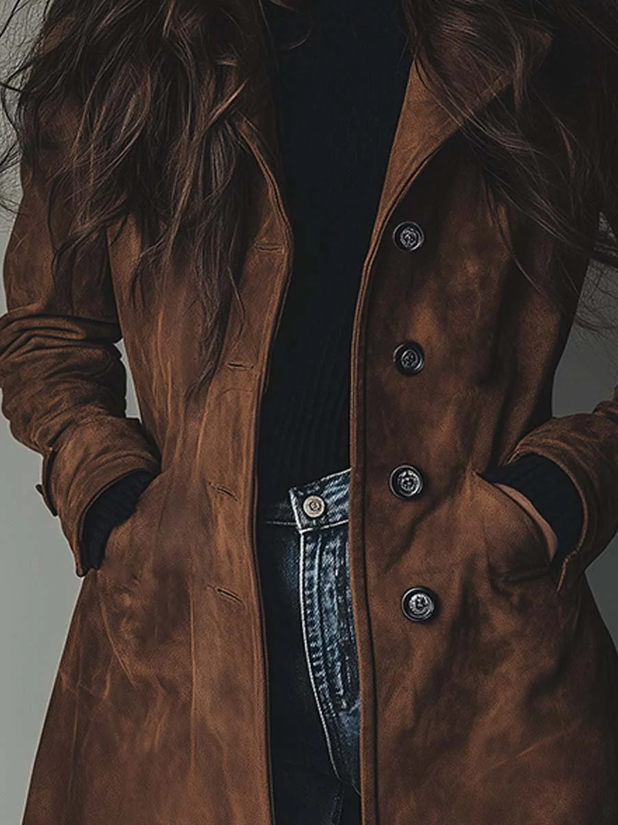 Women's Classic Suede Trench Coat with Relaxed Fit