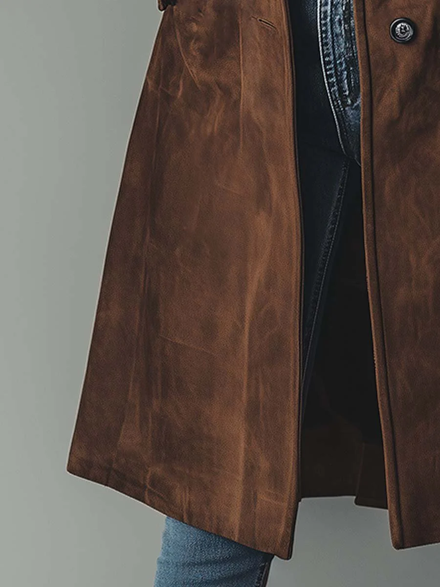 Women's Classic Suede Trench Coat with Relaxed Fit