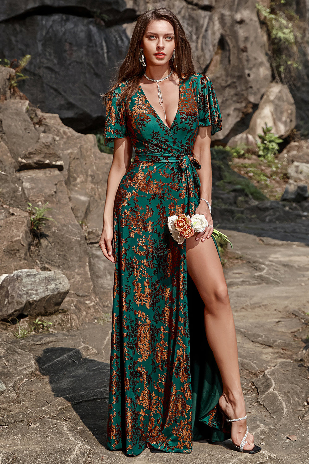 Dark Green Burnout Velvet Floral Maxi Dress