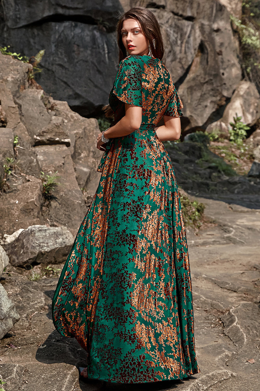 Dark Green Burnout Velvet Floral Maxi Dress