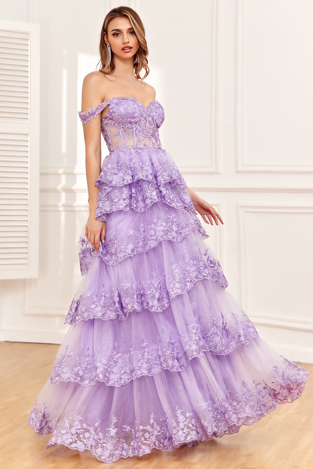 Black Off-Shoulder Tiered Formal Maxi Dress
