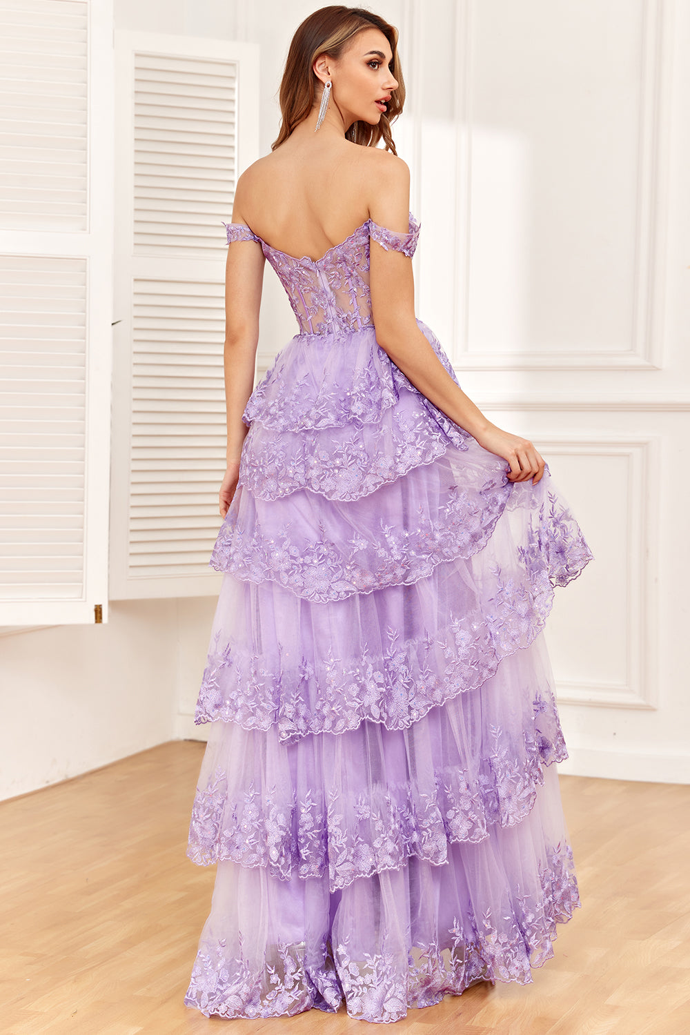Black Off-Shoulder Tiered Formal Maxi Dress