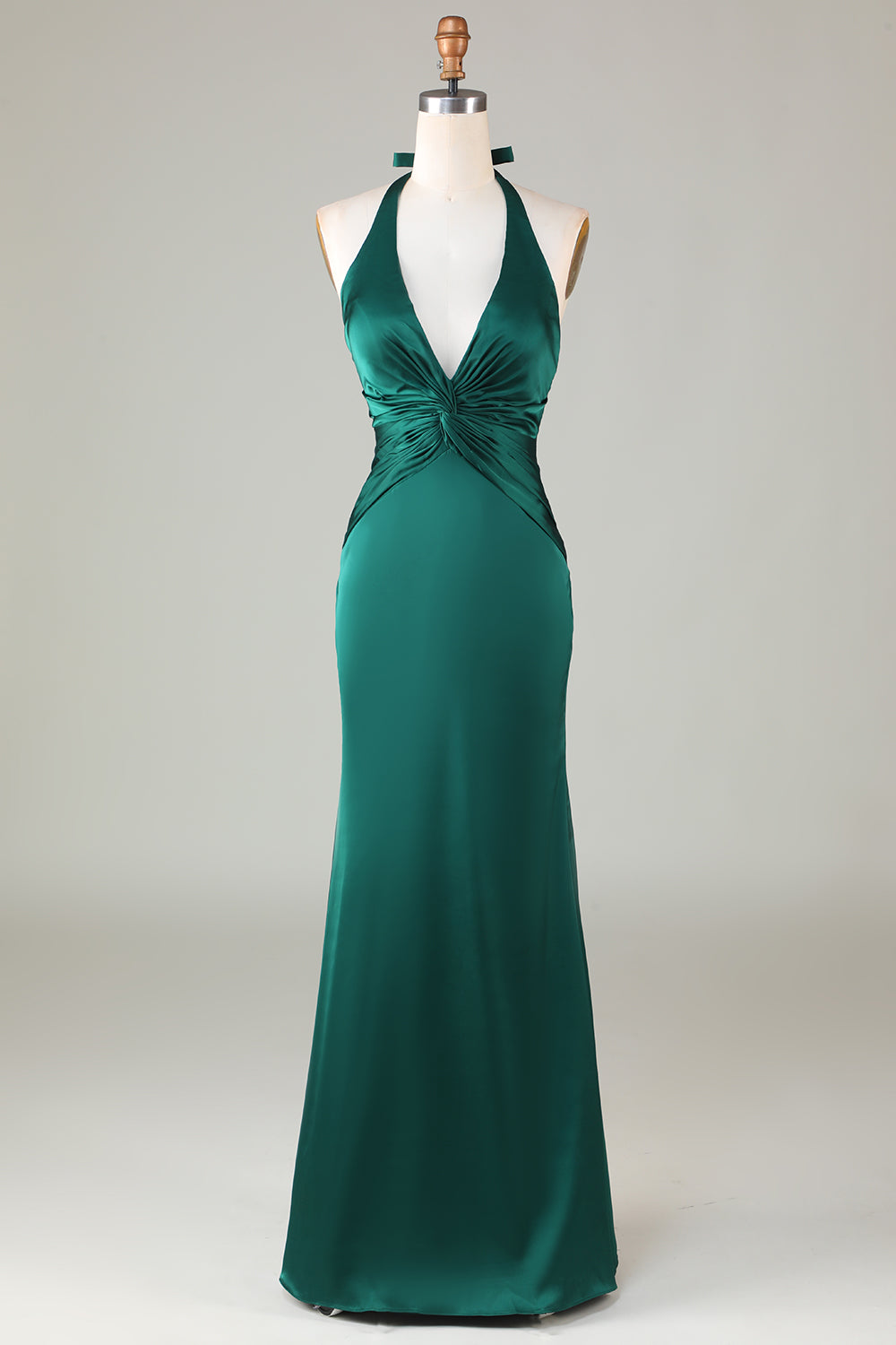 Dusty Sage Satin Halter Formal Maxi Dress