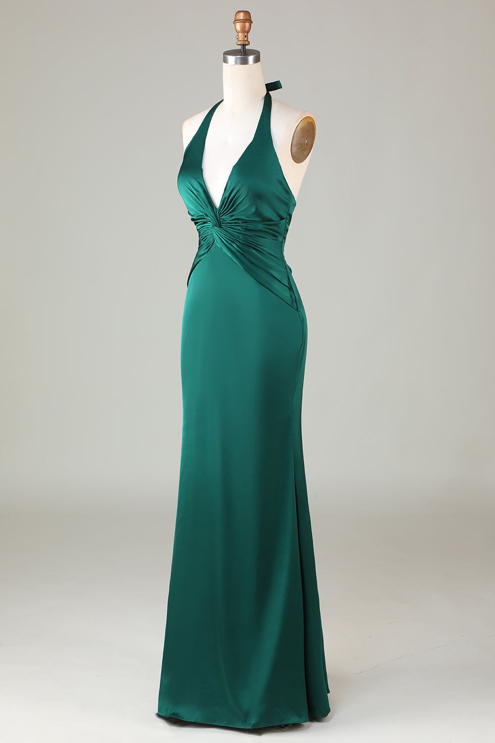 Dusty Sage Satin Halter Formal Maxi Dress