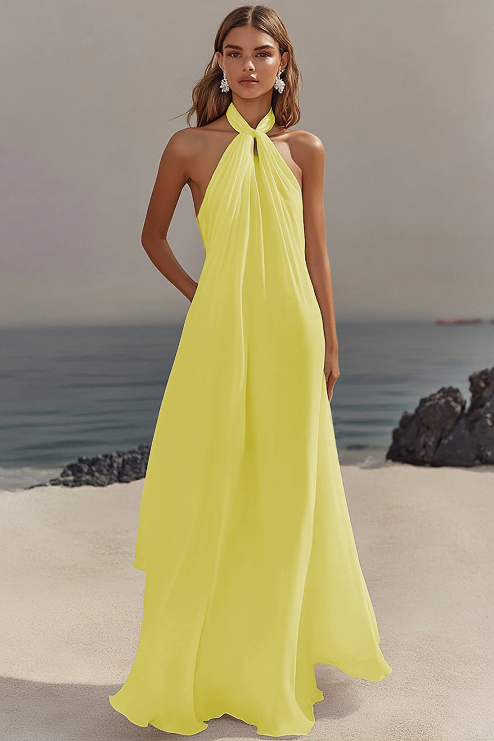 White Chiffon A-Line Halter Maxi Dress