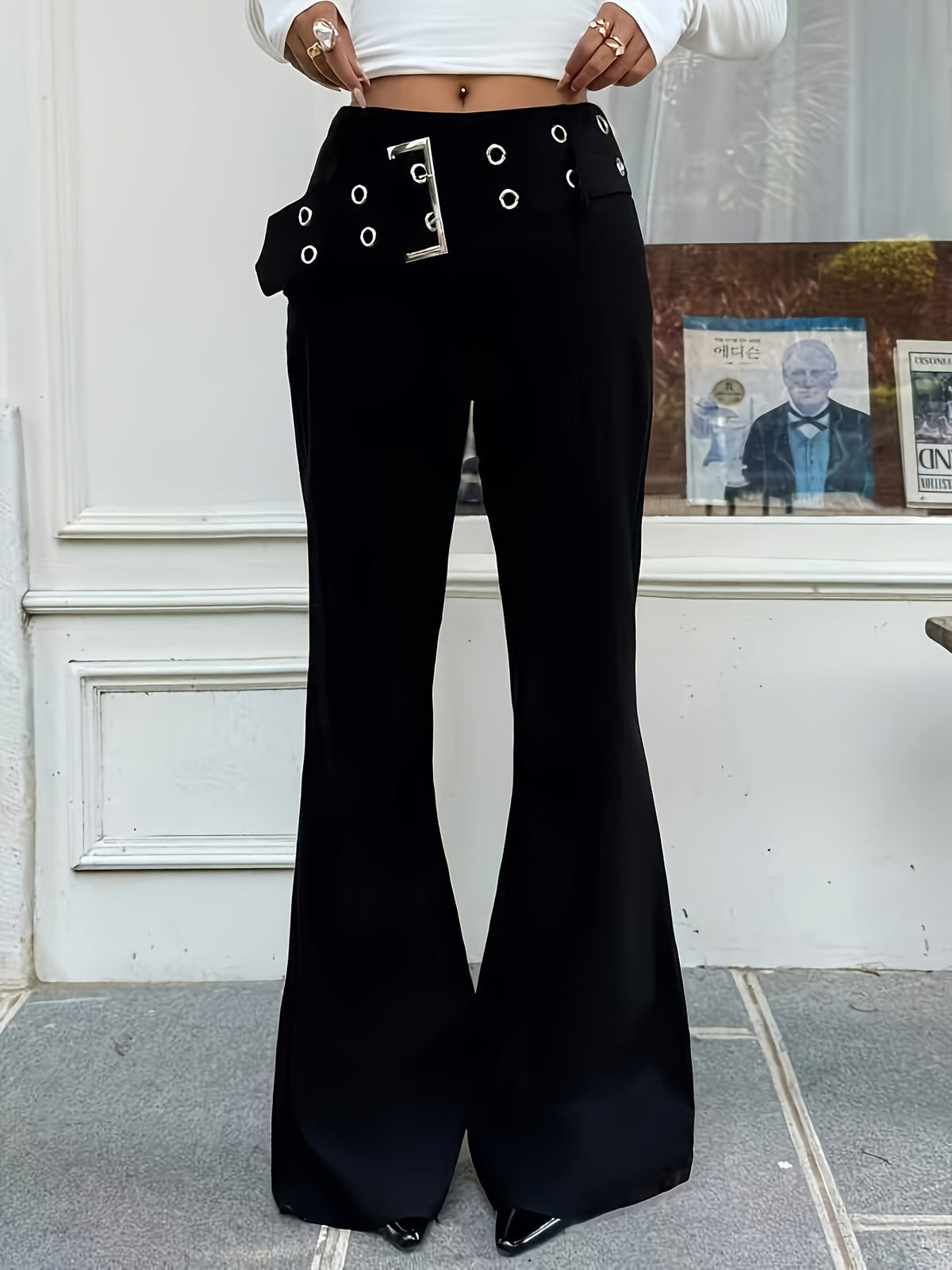 Black High-Waisted Flared Pants with Buckle