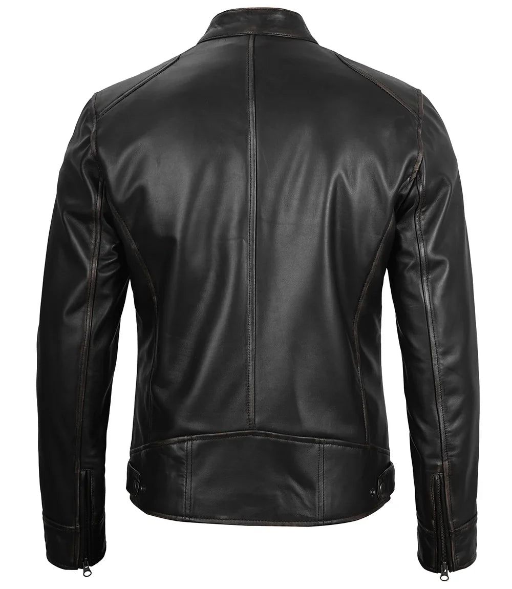 Men's Black Cafe Racer Slim-Fit Leather Jacket
