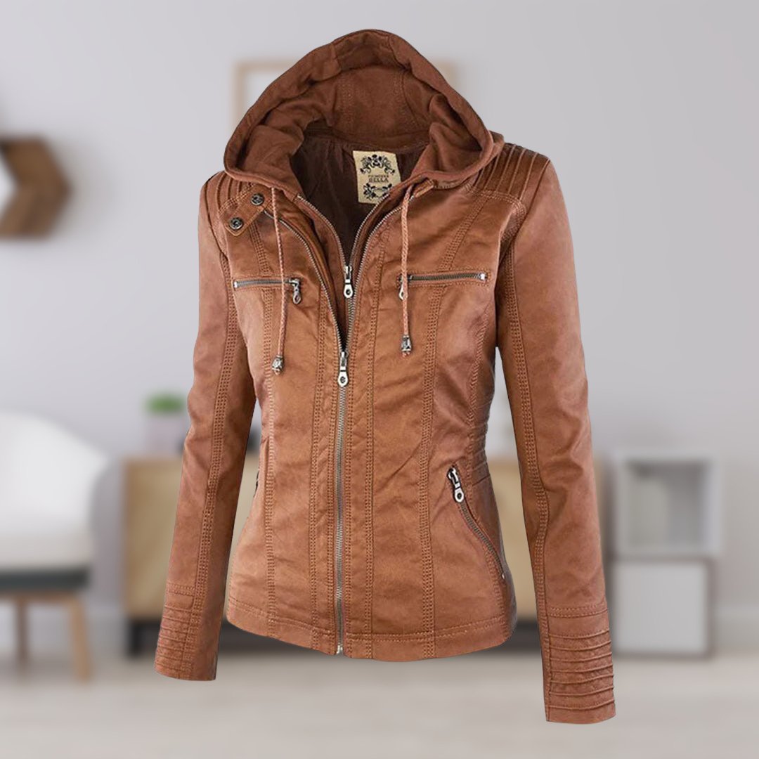 Women’s Quilted Leather Motorcycle Jacket with Hood