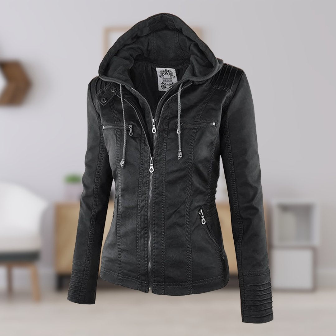 Women’s Quilted Leather Motorcycle Jacket with Hood
