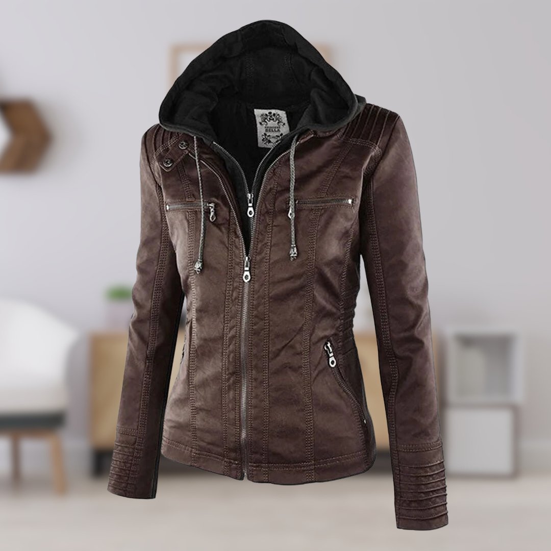 Women’s Quilted Leather Motorcycle Jacket with Hood