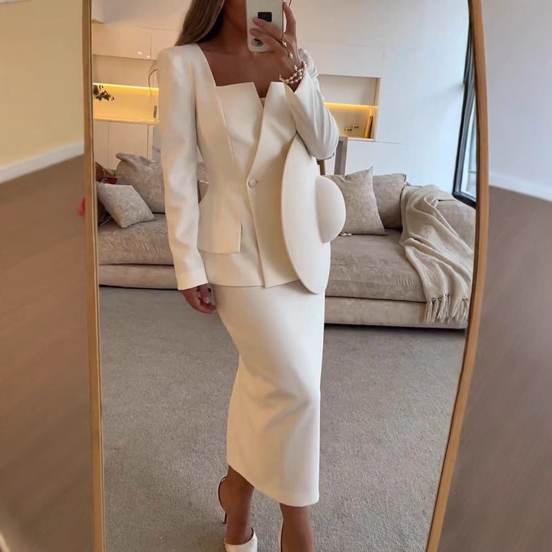 Women’s Suit With Long-Sleeved Top and Midi Skirt
