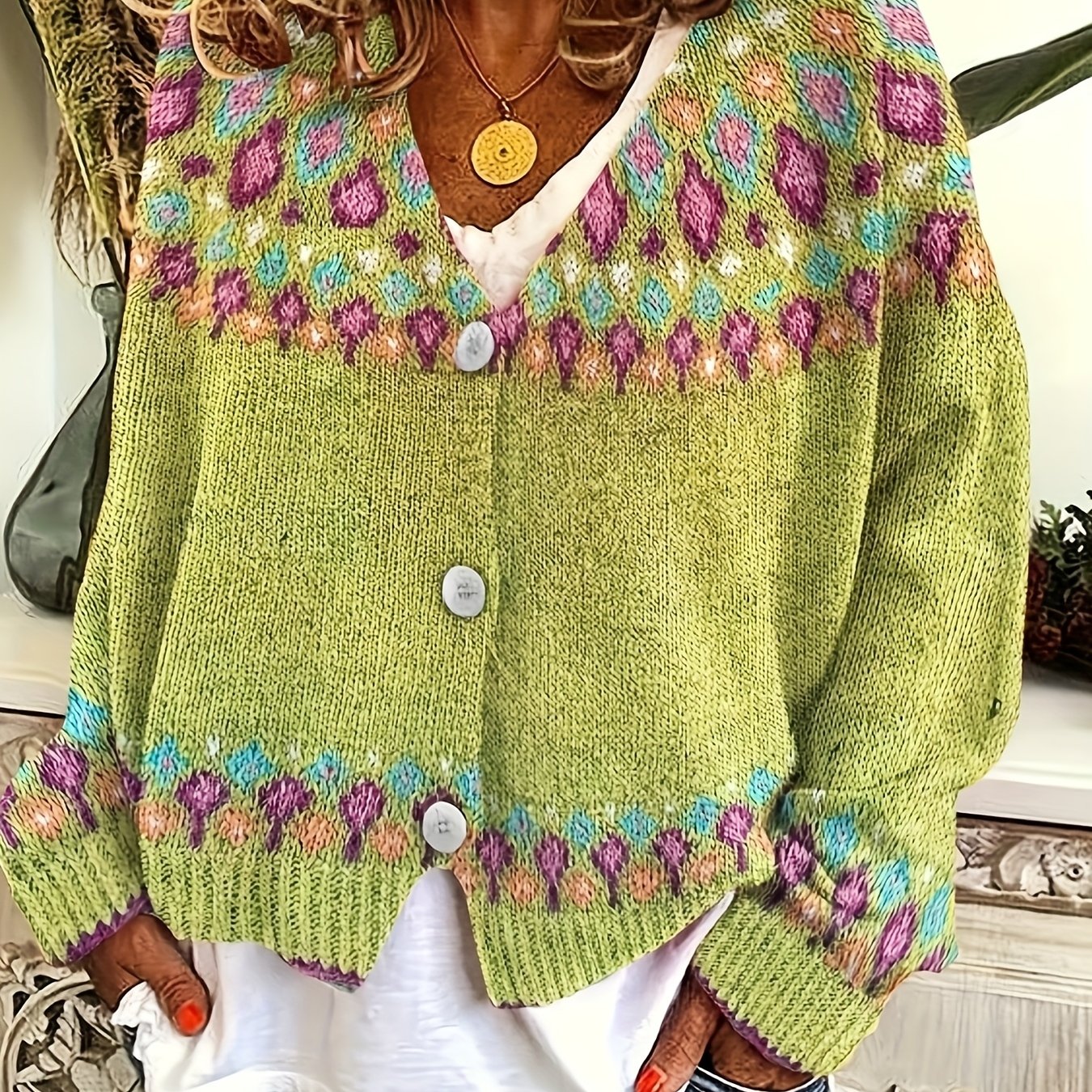 Women's Cardigan with Nordic Pattern, Buttons, and V-Neck