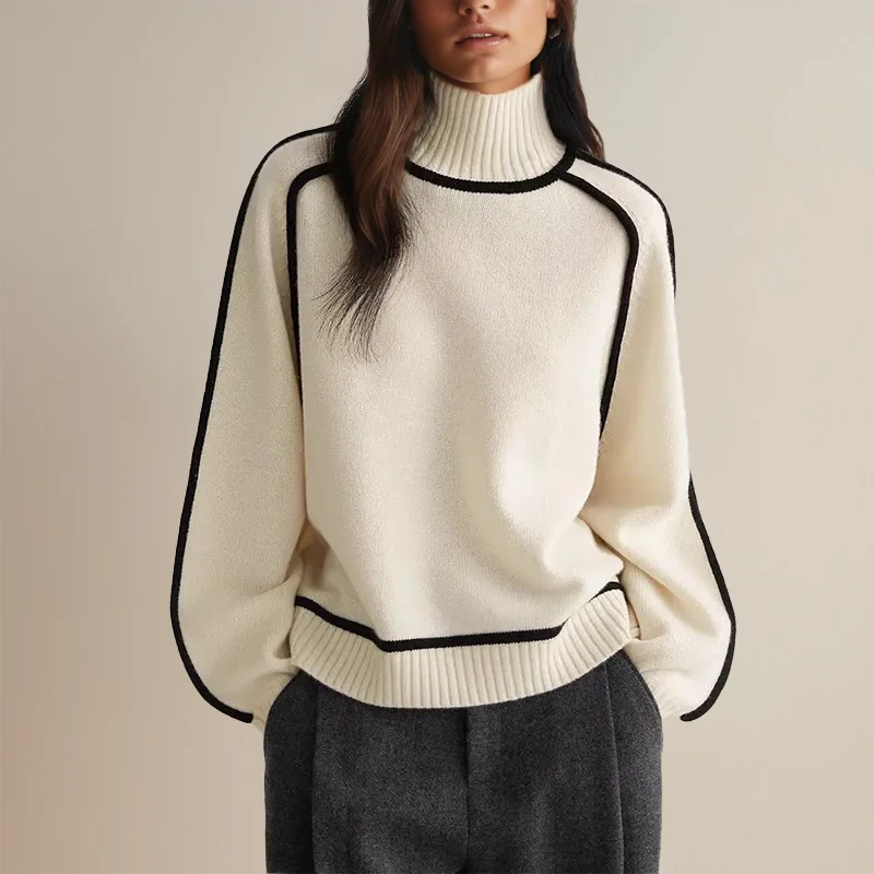 Oversized Turtleneck Sweater with Contrast Trim