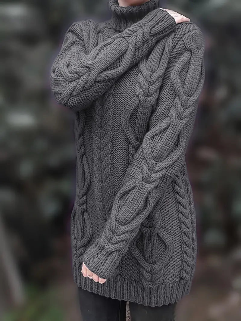 Oversized Turtleneck Sweater with Long Cables, Hip-Length