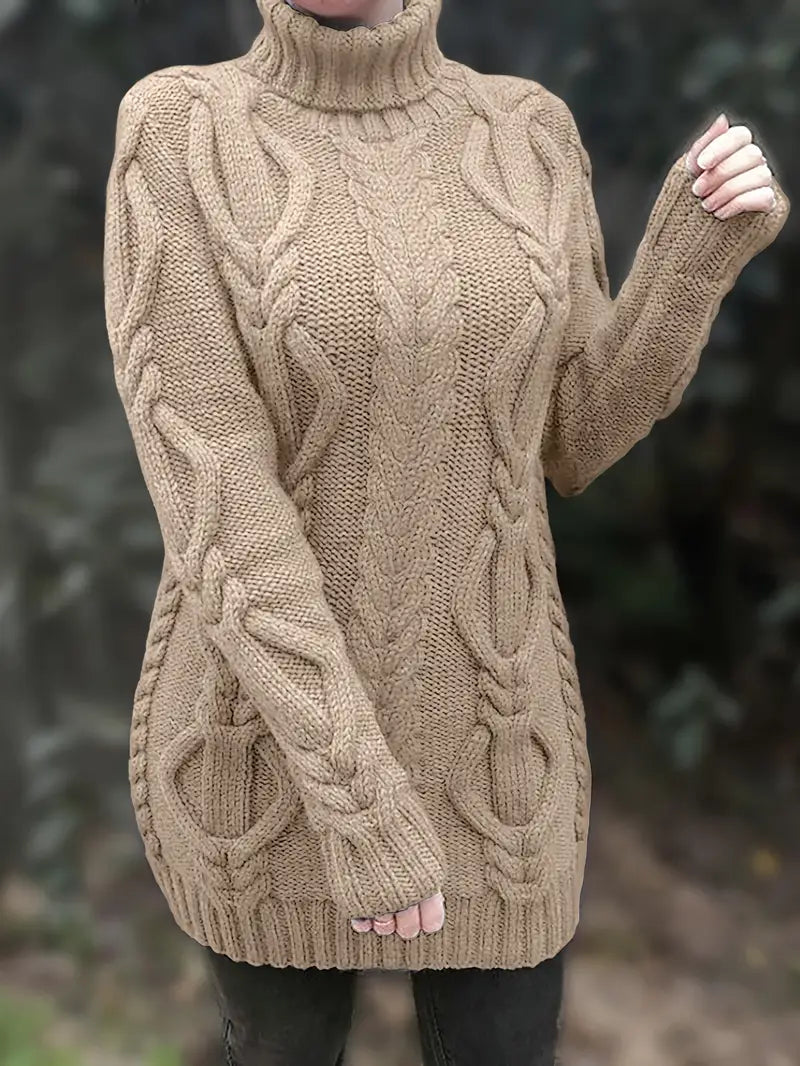 Oversized Turtleneck Sweater with Long Cables, Hip-Length