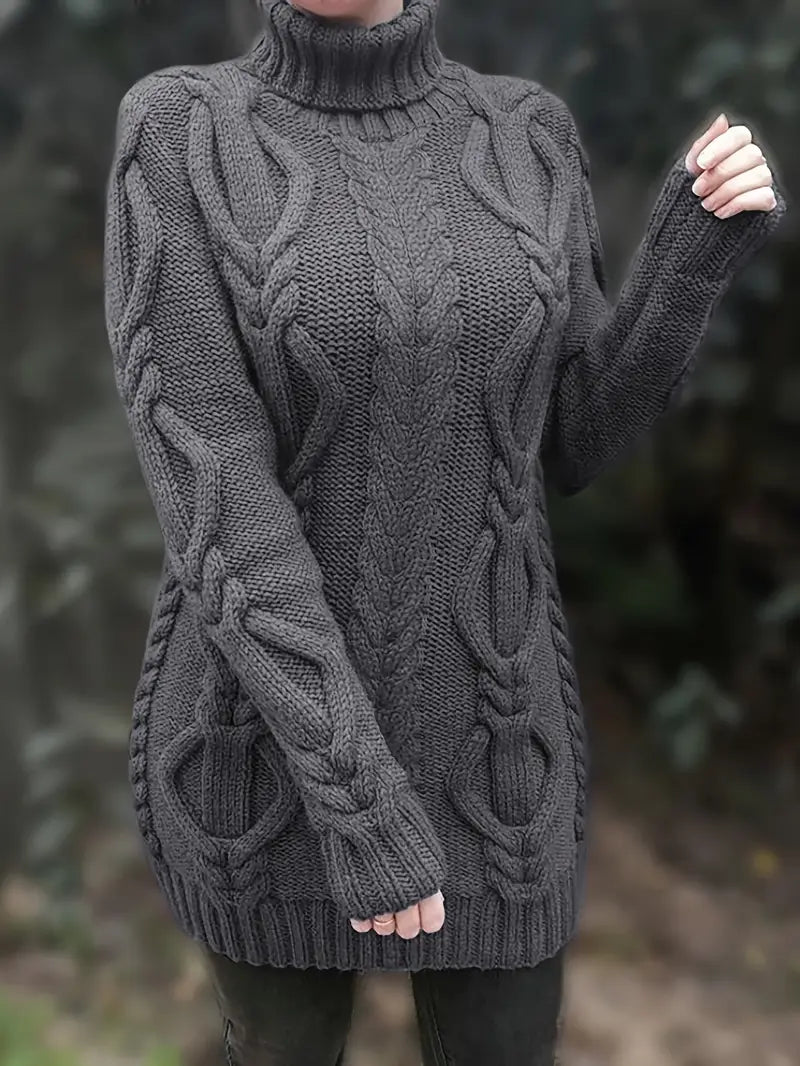 Oversized Turtleneck Sweater with Long Cables, Hip-Length