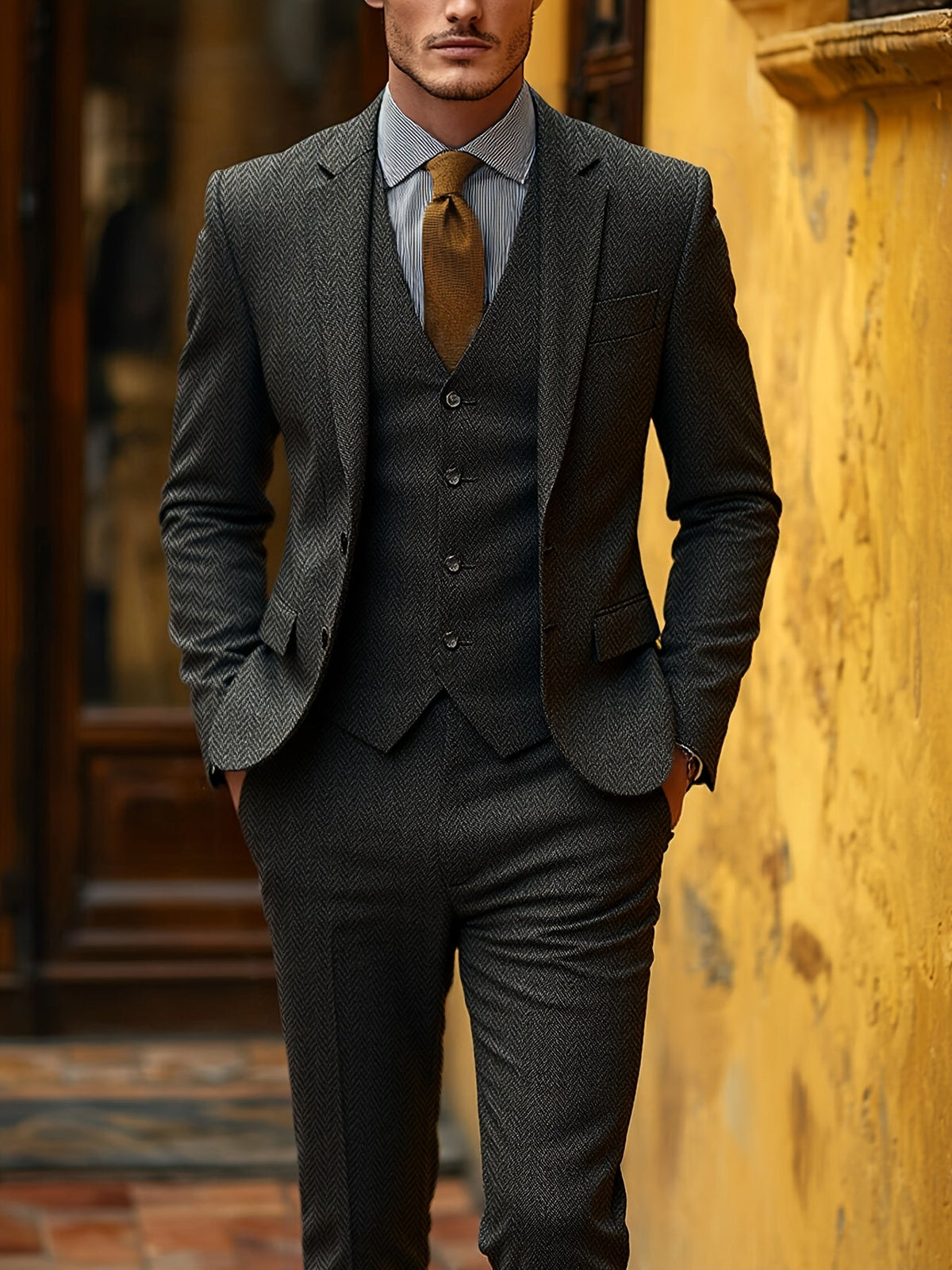 Men's Suit 3-Piece Herringbone Formal Set