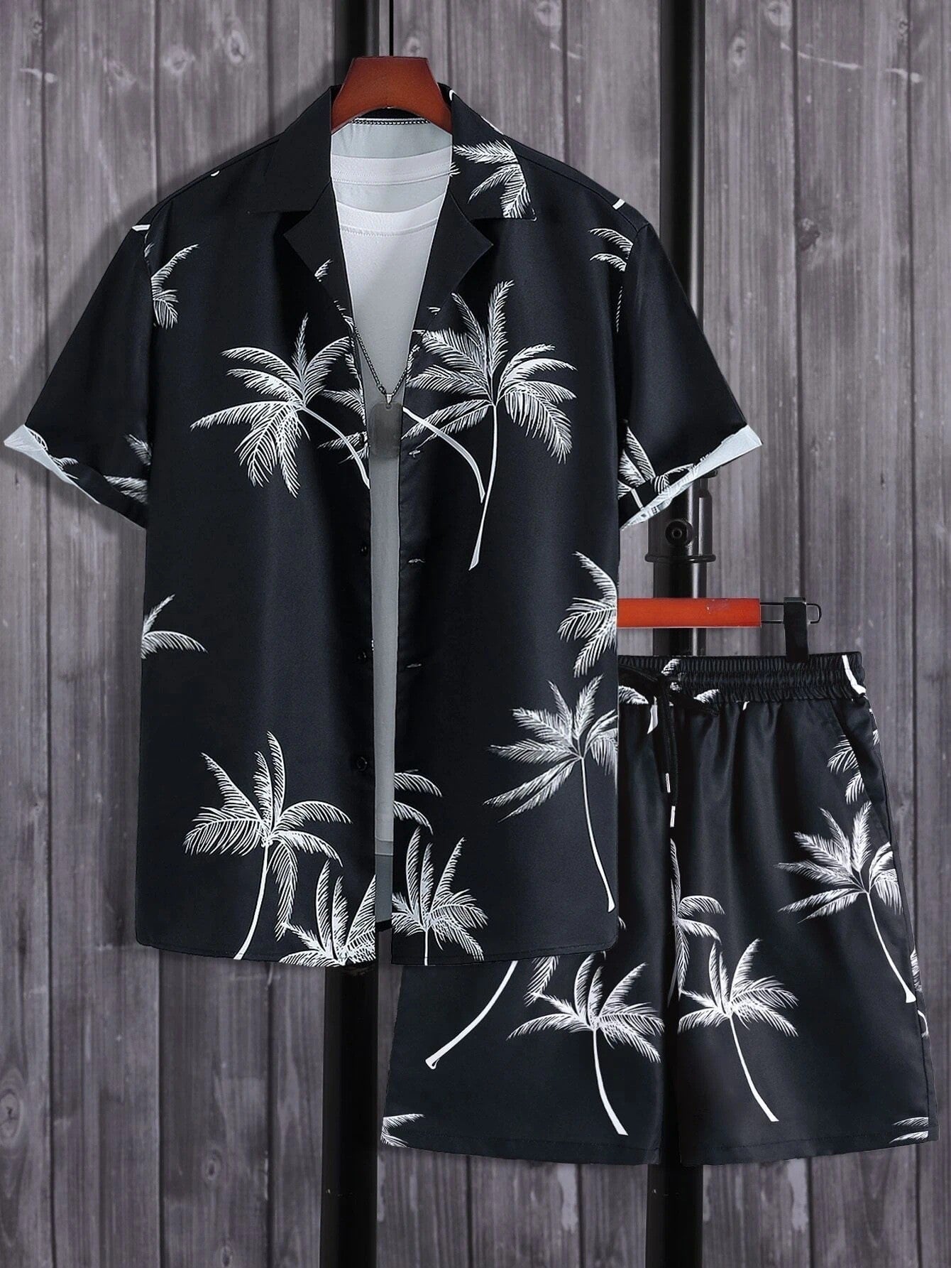 Men’s Casual Palm Print Shirt and Shorts Outfit