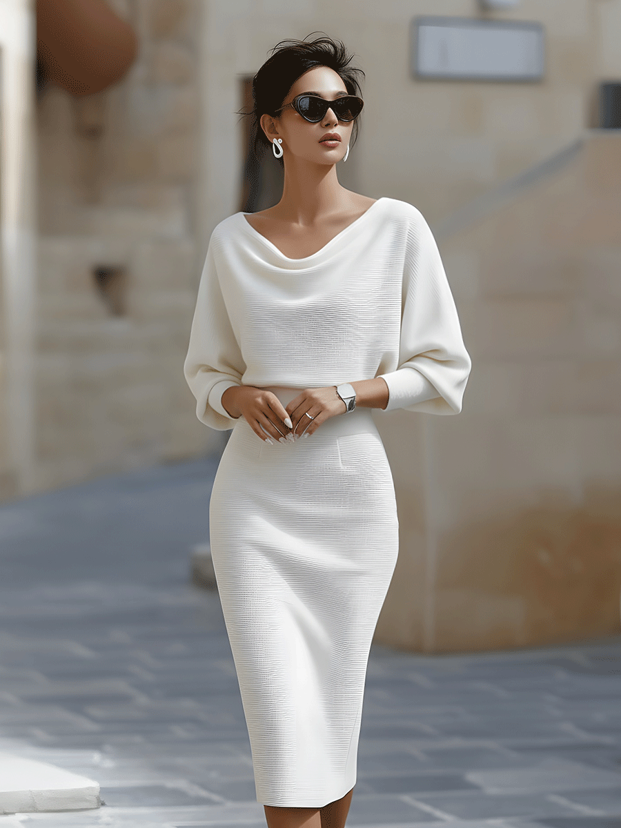 Elegant White Batwing Sleeve Midi Dress