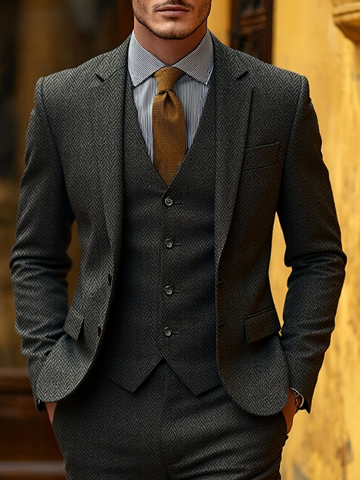 Men's Suit 3-Piece Herringbone Formal Set