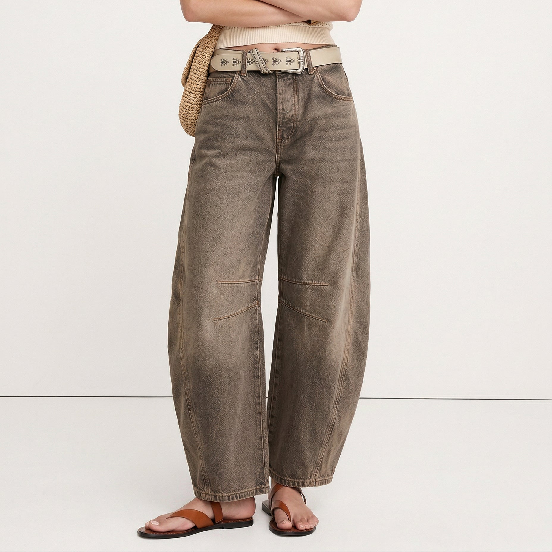 Women's Barrel Leg Ankle Length Jeans | Curved Leg Denim Pants