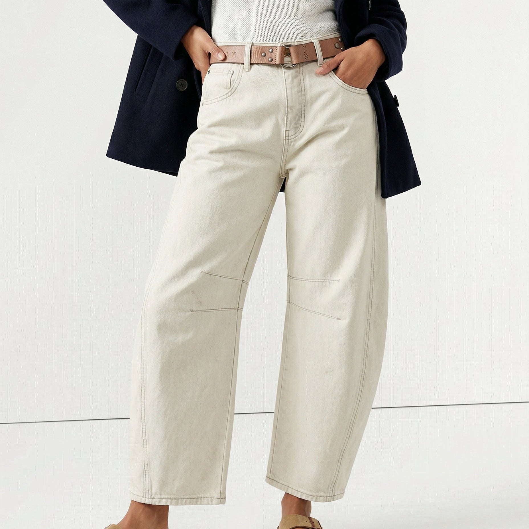 Women's Barrel Leg Ankle Length Jeans | Curved Leg Denim Pants
