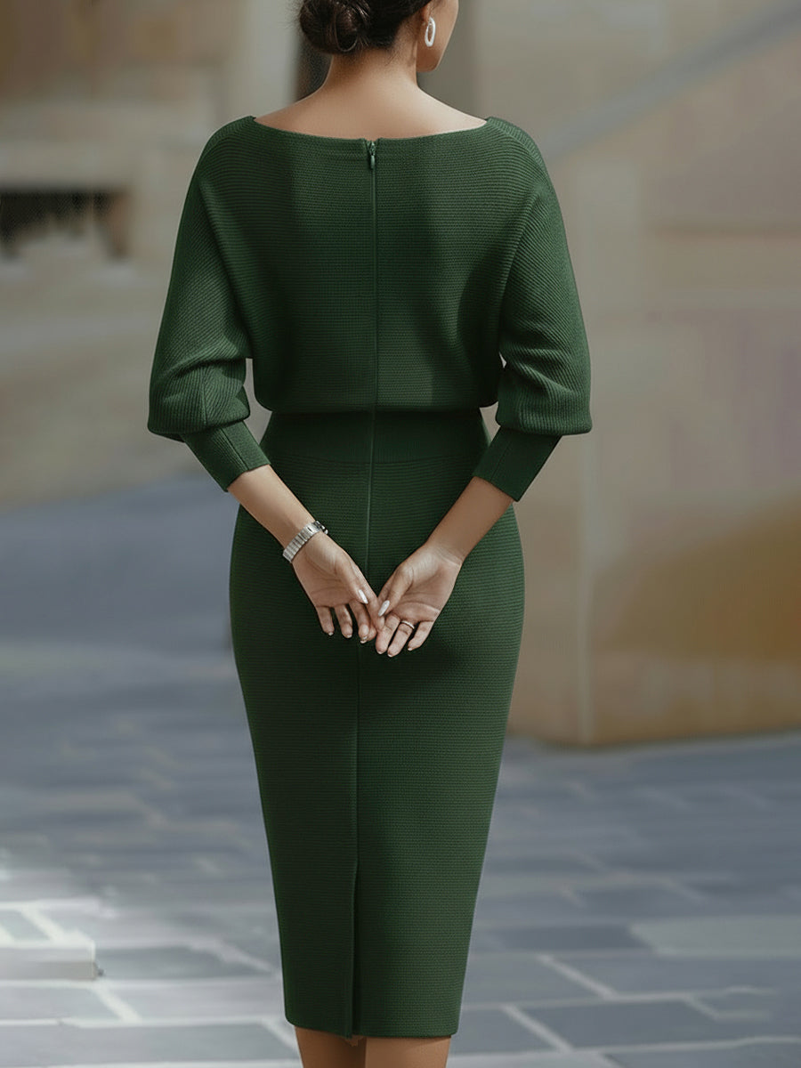 Elegant White Batwing Sleeve Midi Dress