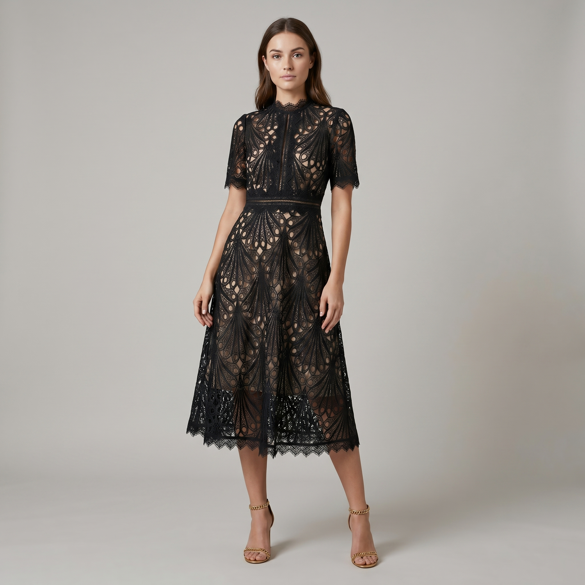 Elegant Midi Lace Dress – High Neck Silhouette