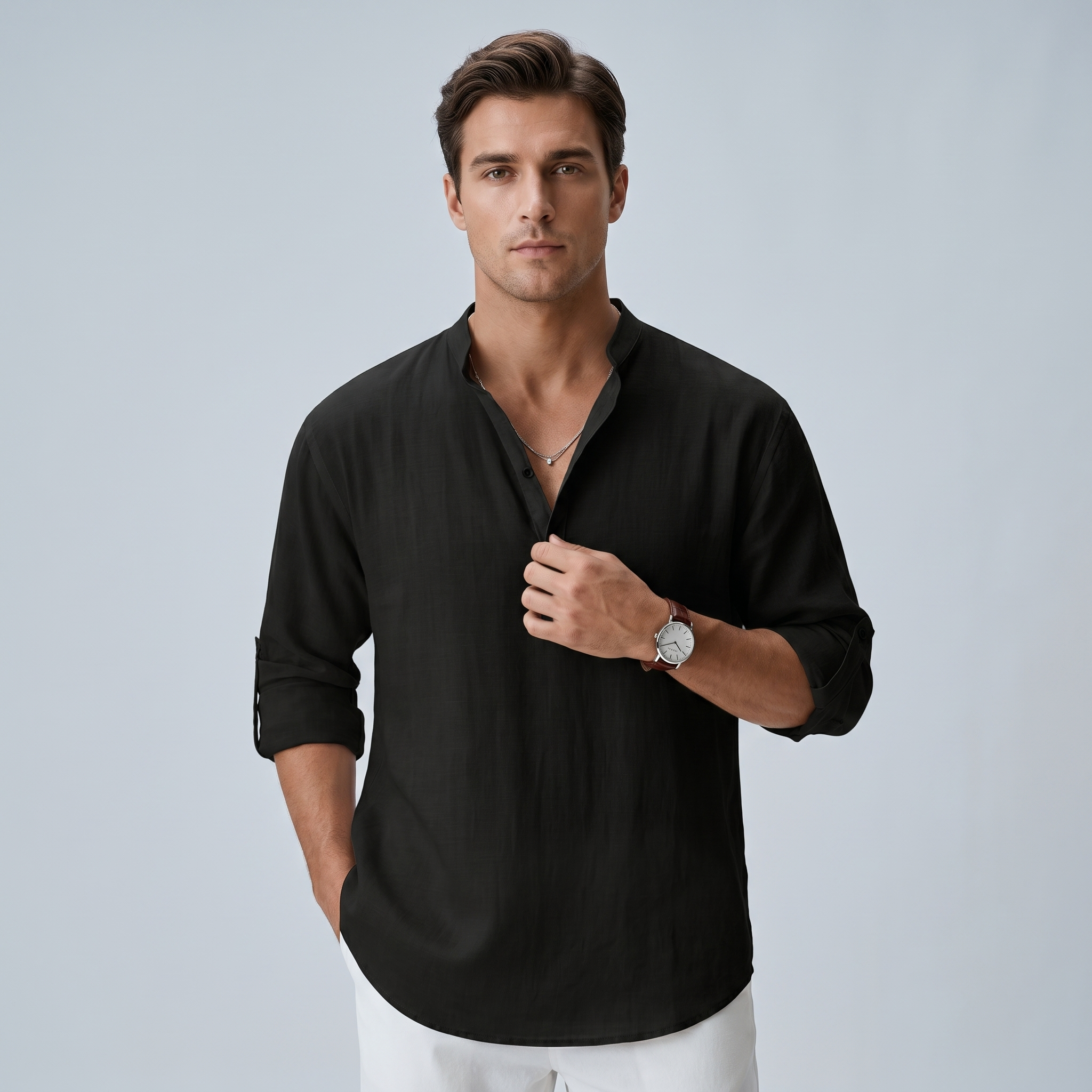 Men’s Casual Linen Mandarin Collar Shirt