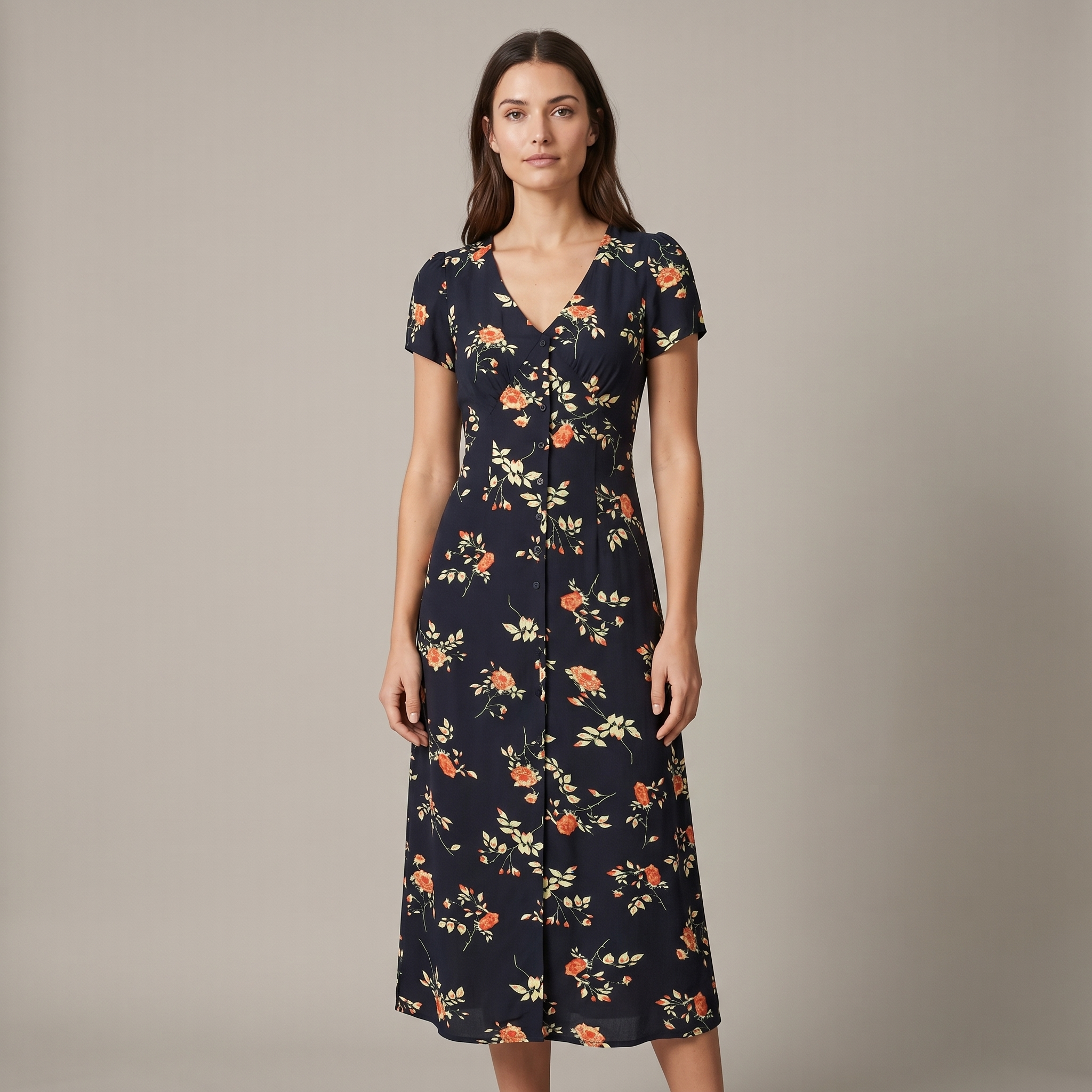 Elegant Black Floral Short Sleeve Midi Dress