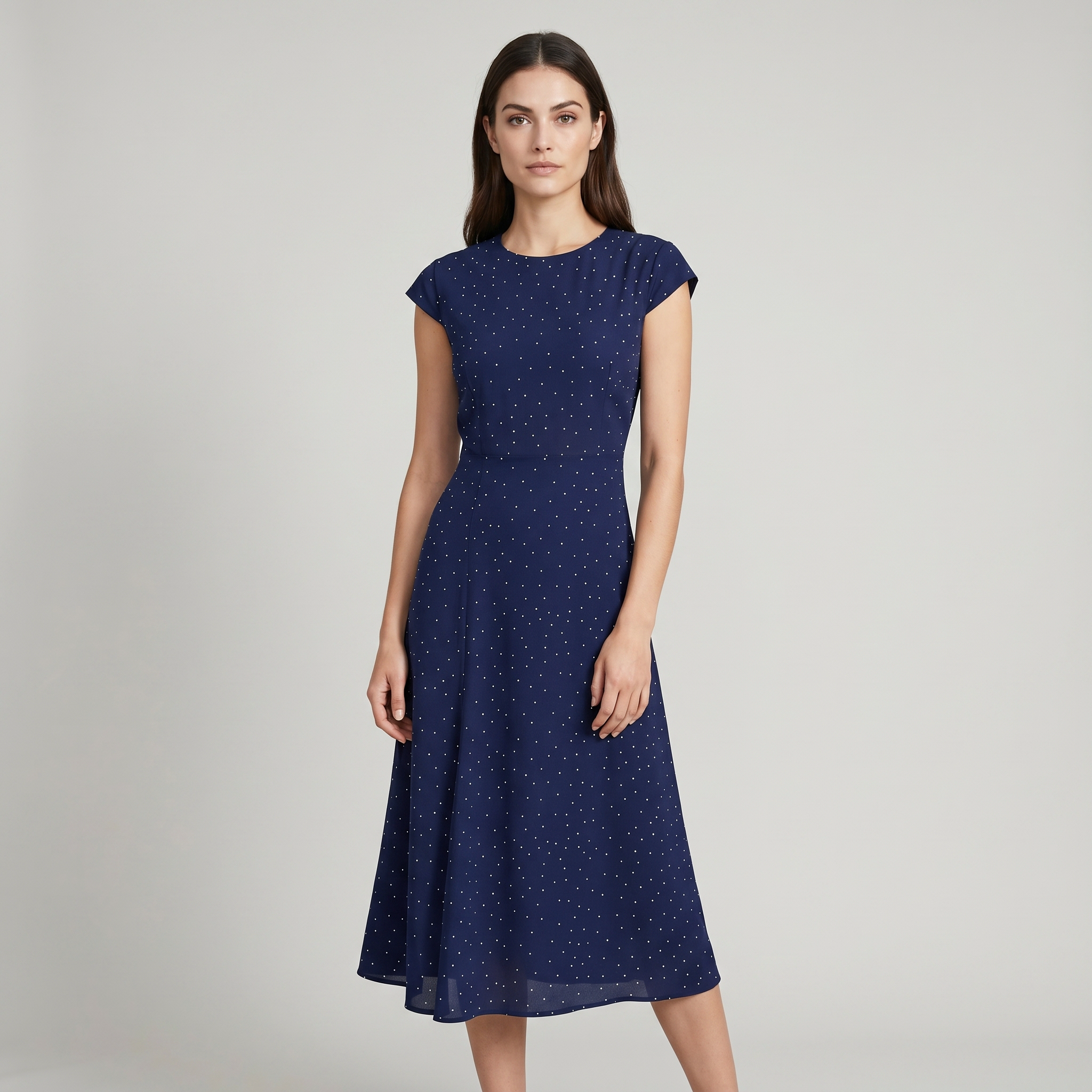 Navy Round Neck Polka Dot Cutout Midi Dress