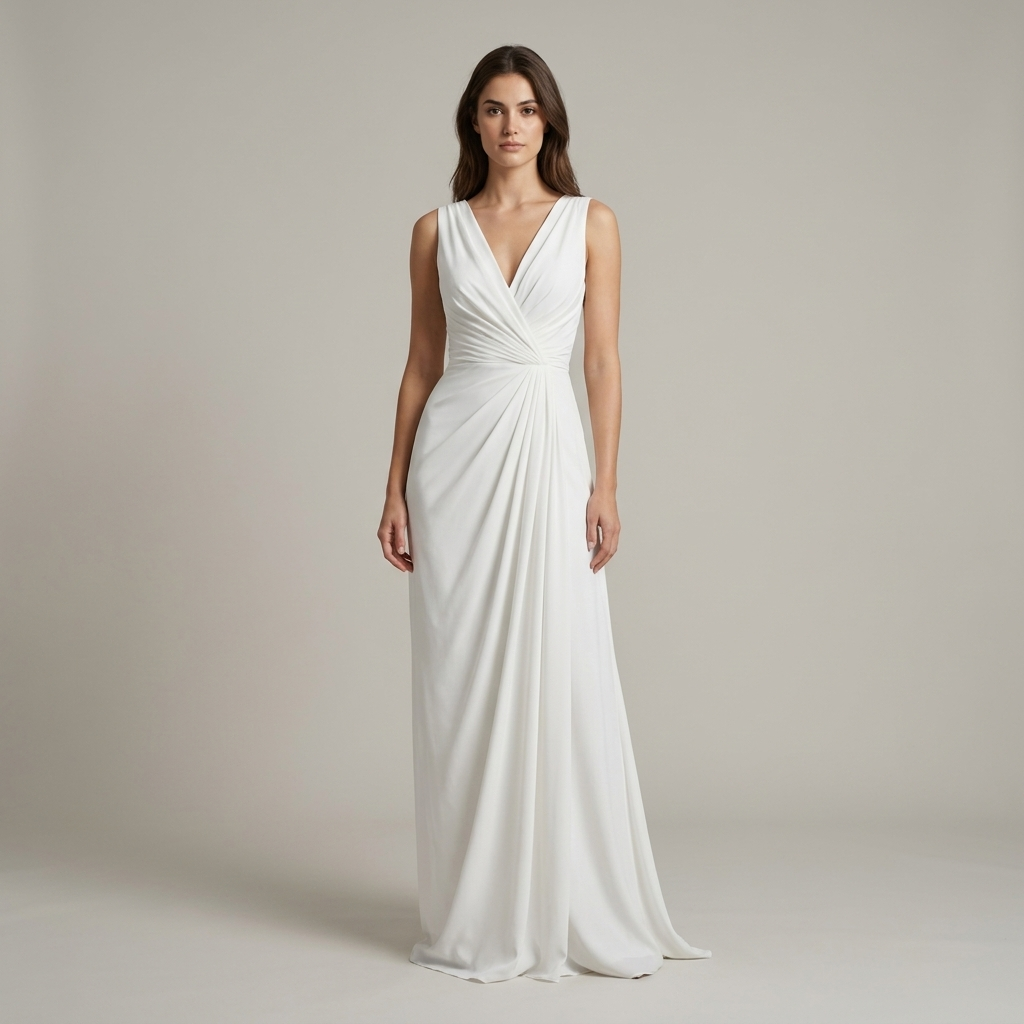 White Chiffon Ruched Sheath Maxi Dress