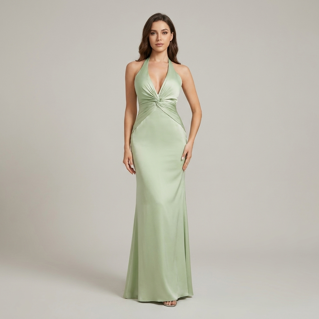 Dusty Sage Satin Halter Formal Maxi Dress