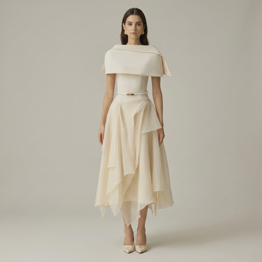White Tulle Panel Occasion Midi Dress