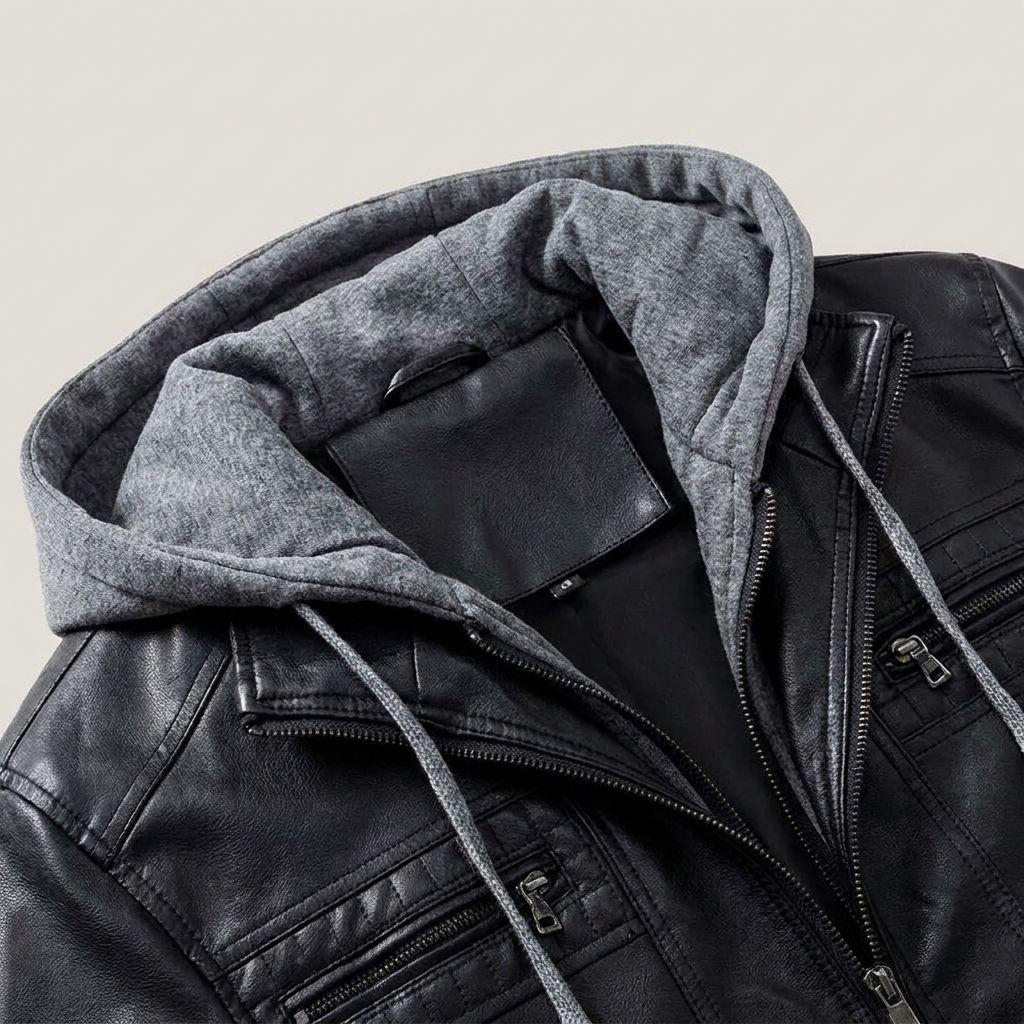 Men's Slim-Fit Leather Coat with Hood