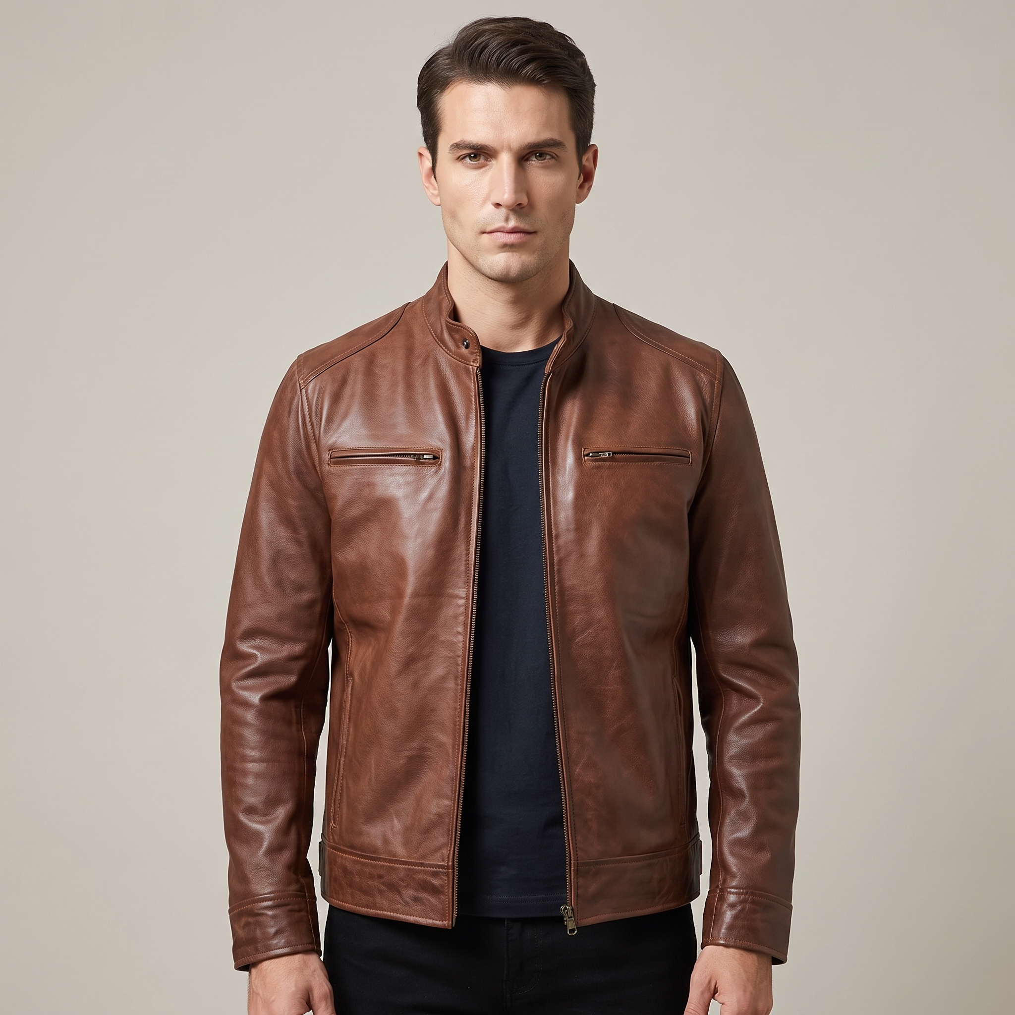 Men's Leather Jacket with Stand-Up Collar