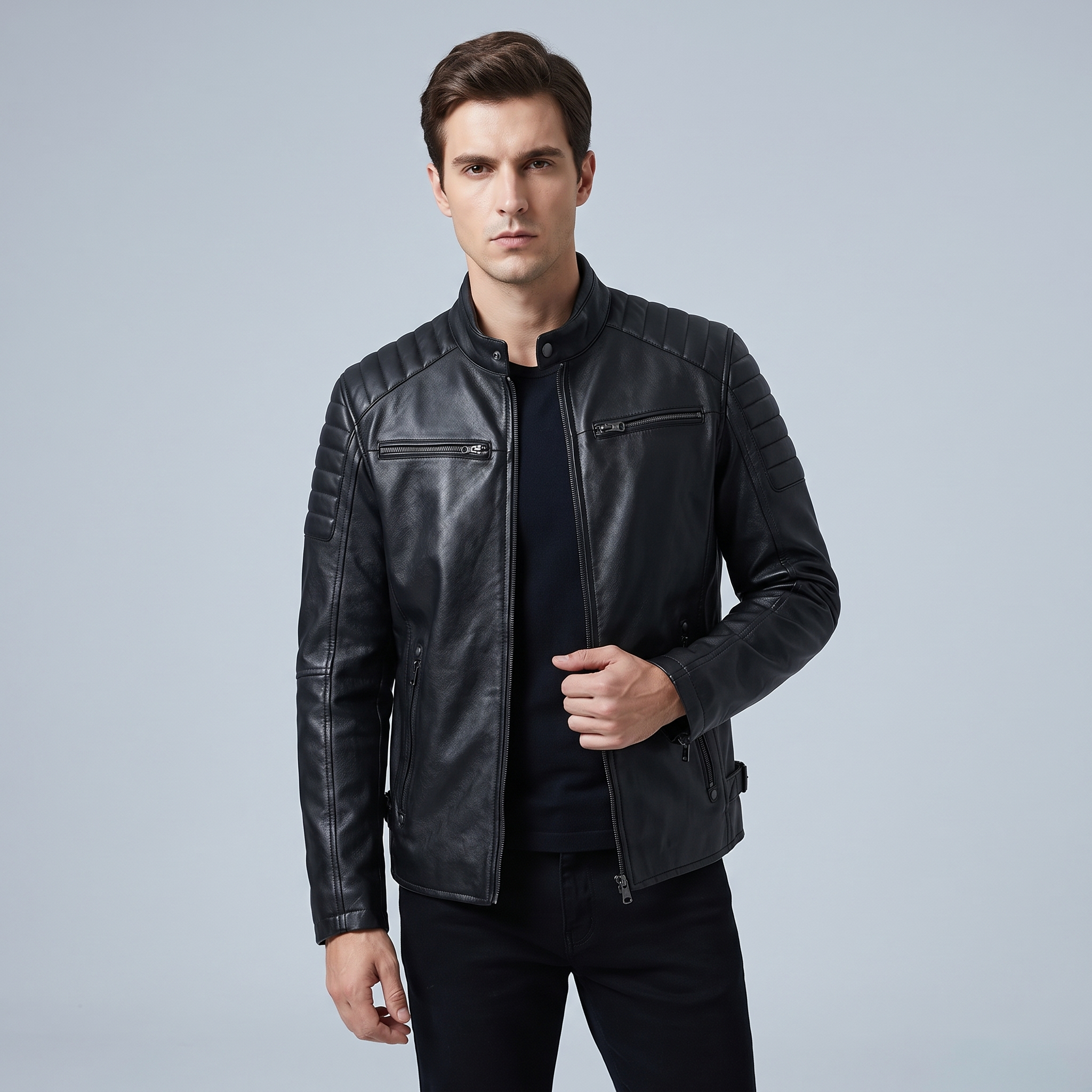 Men's Black Leather Biker-Style Jacket with Padded Shoulders