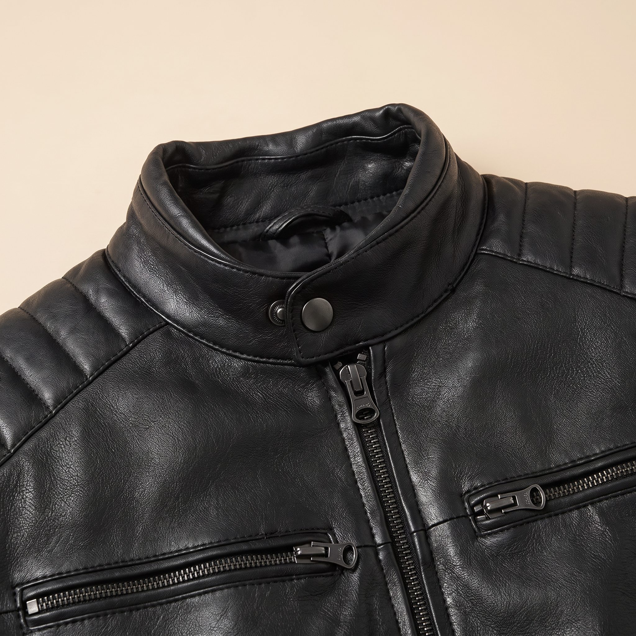 Men's Black Leather Biker-Style Jacket with Padded Shoulders