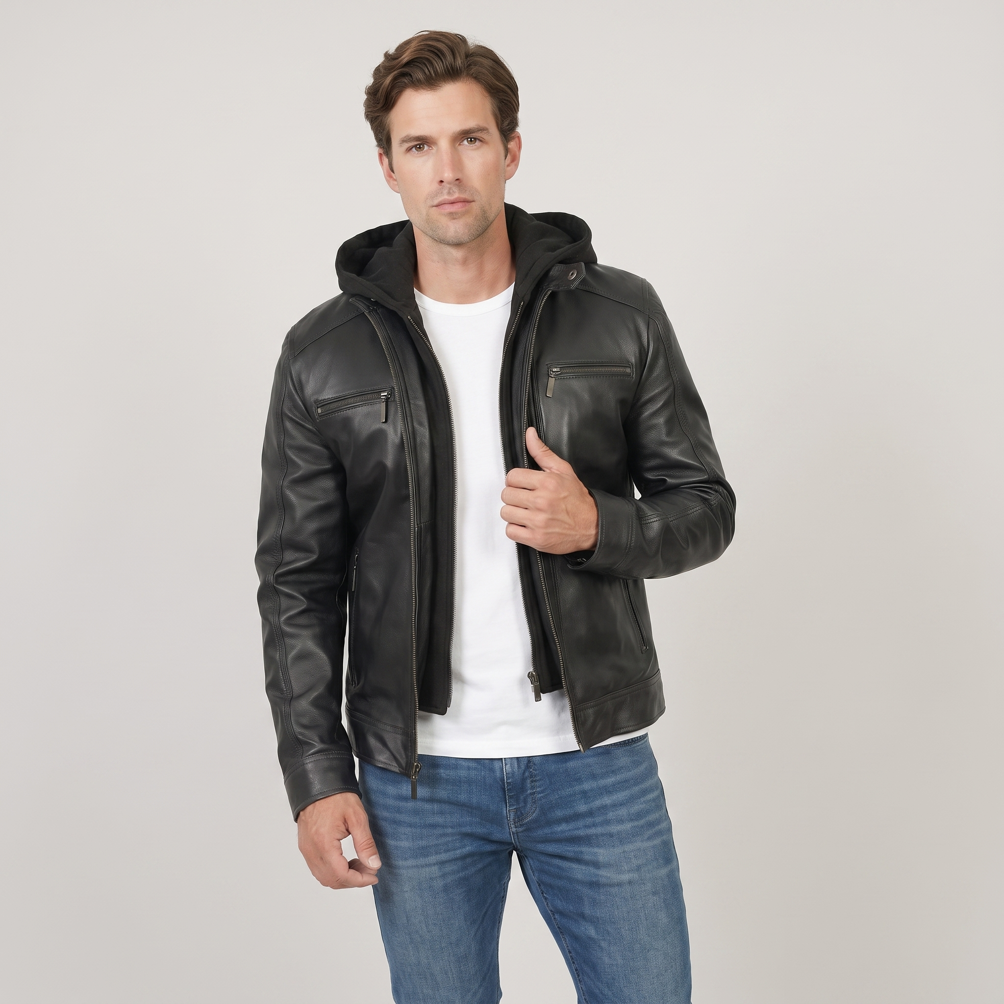 Men's Black Leather Jacket with Removable Hood