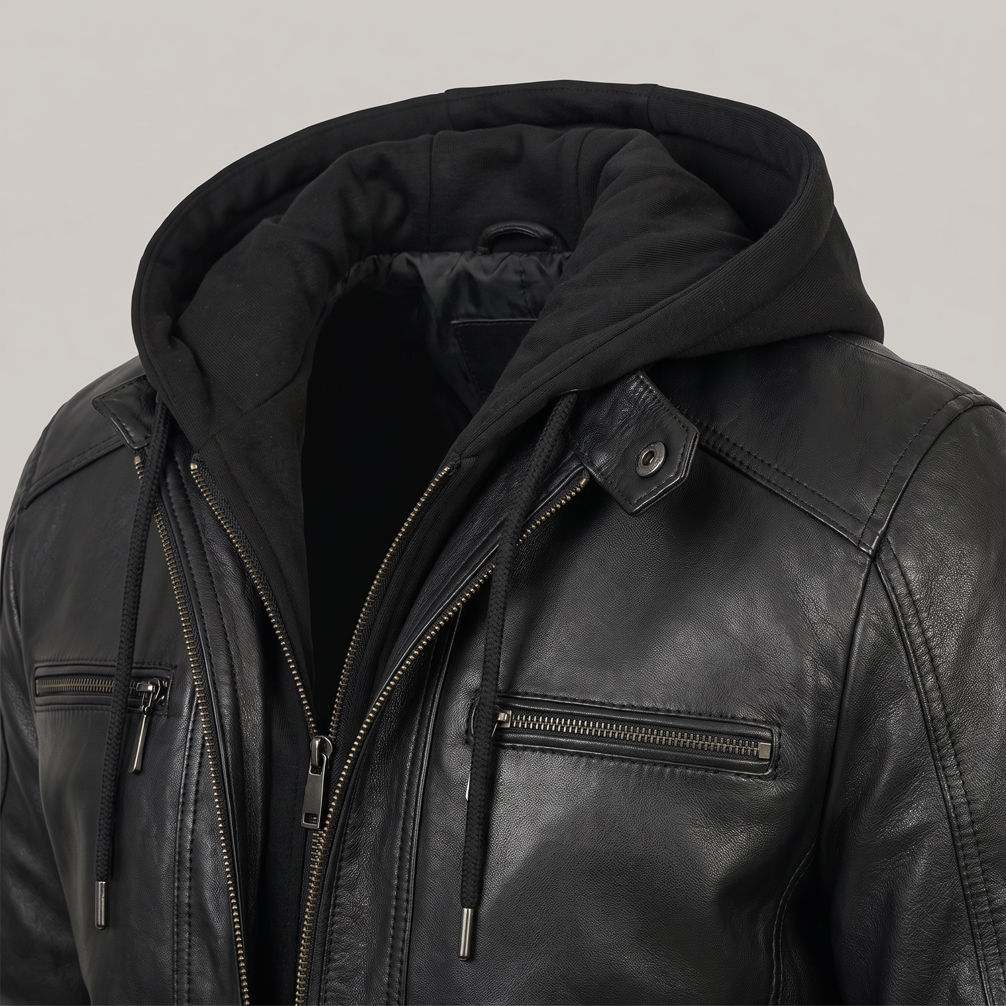 Men's Black Leather Jacket with Removable Hood