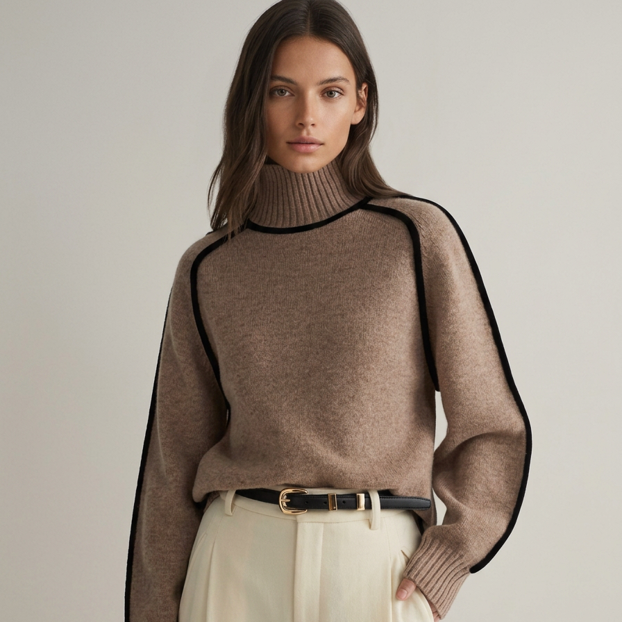 Oversized Turtleneck Sweater with Contrast Trim