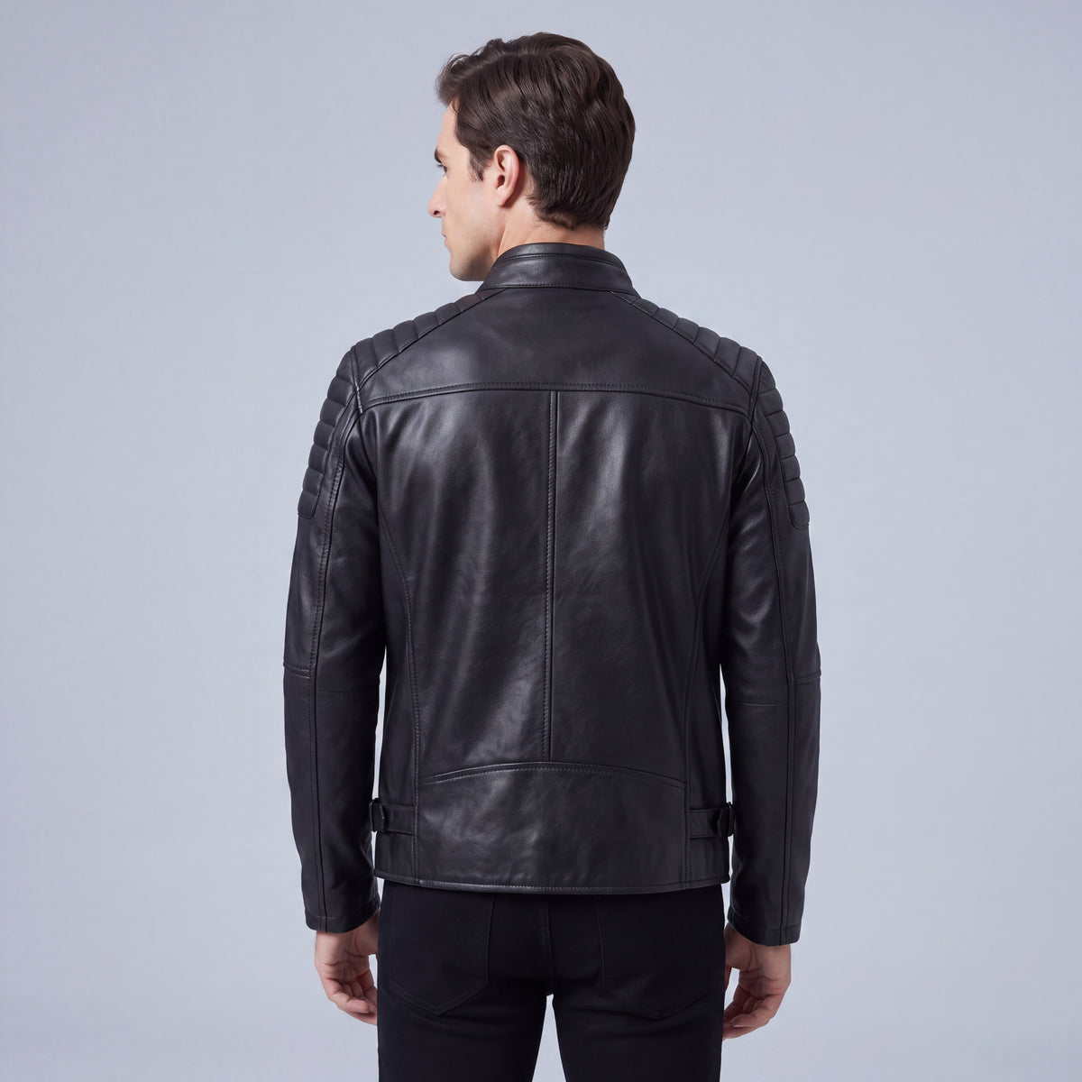 Fall Men's Black Leather Biker Jacket with Padded Shoulders