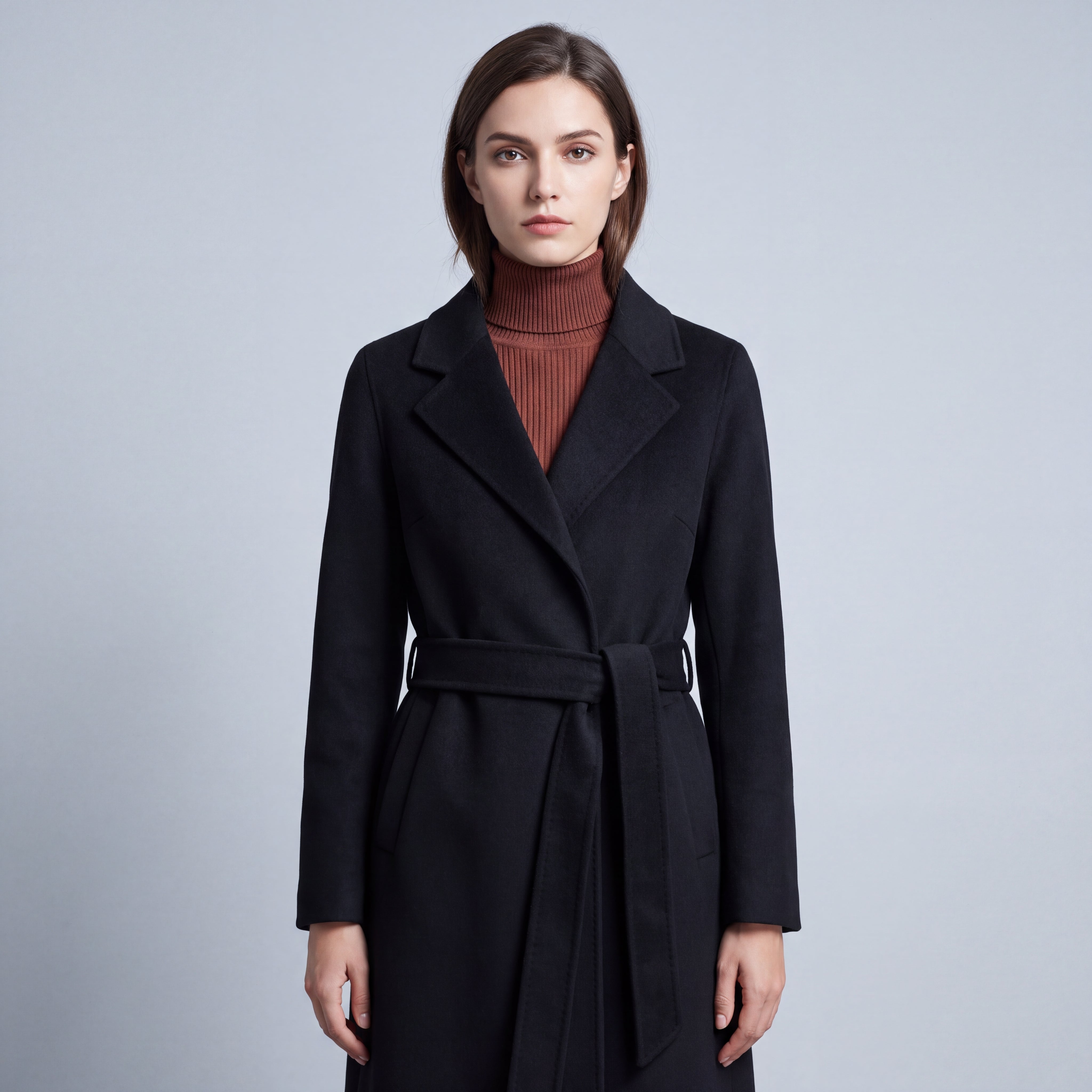 Fall Women's Midi Length Wool Coat with Waist Belt | Outerwear