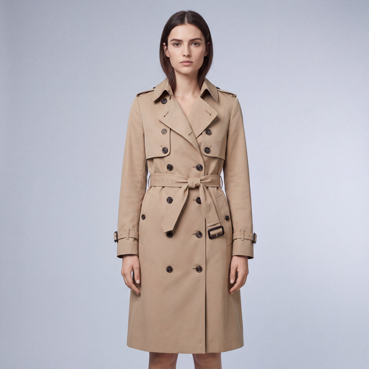 Fall Women's Double Breasted Trench Coat with Belted Waist
