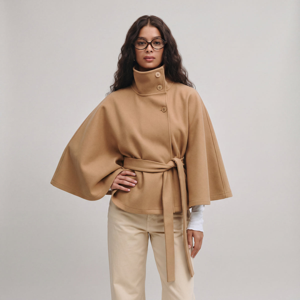 Fall Women's Cape Coat with High Collar and Bow Belt | Outerwear
