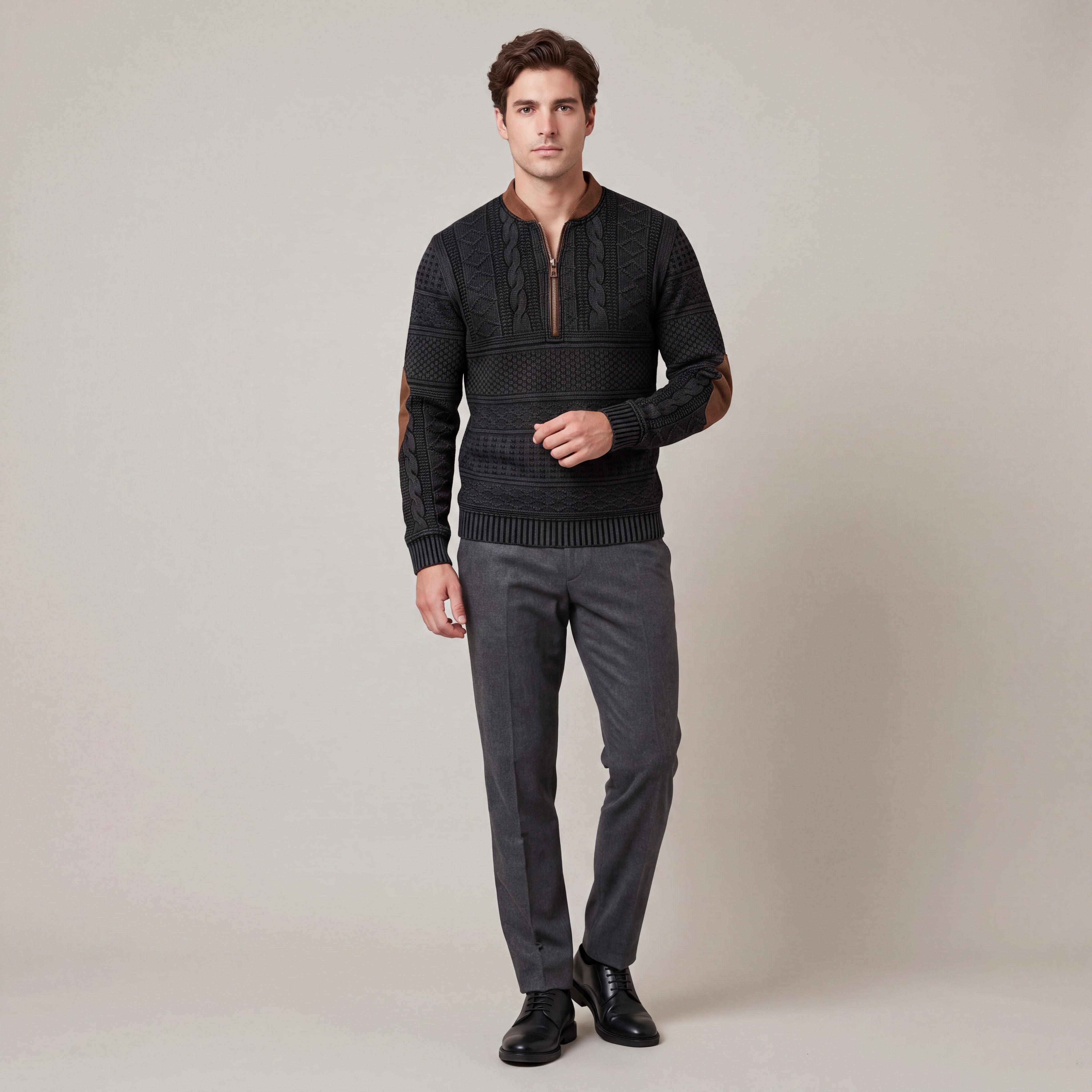 Men's Half-Zip Sweater with Faux Leather Patches