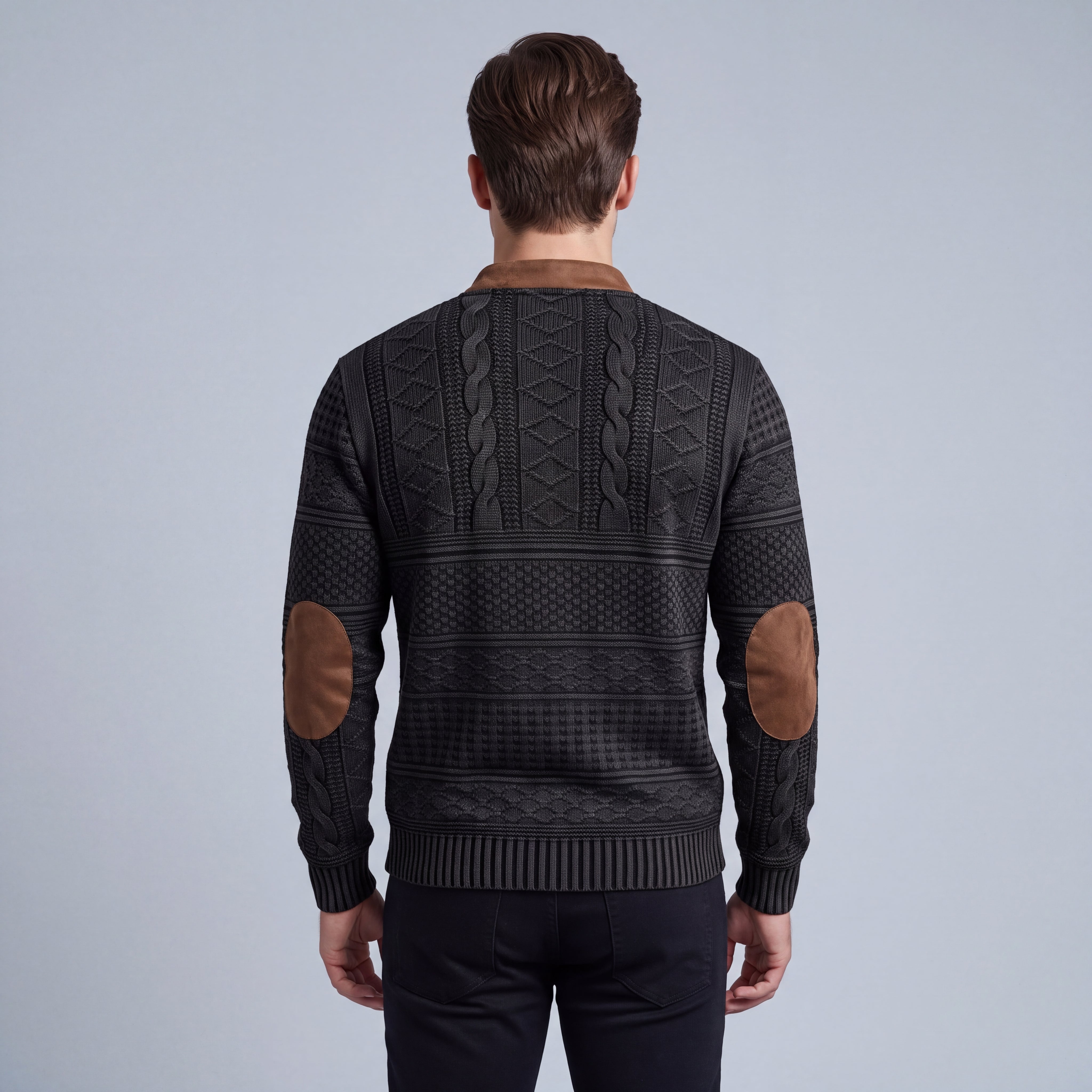 Men's Half-Zip Sweater with Faux Leather Patches