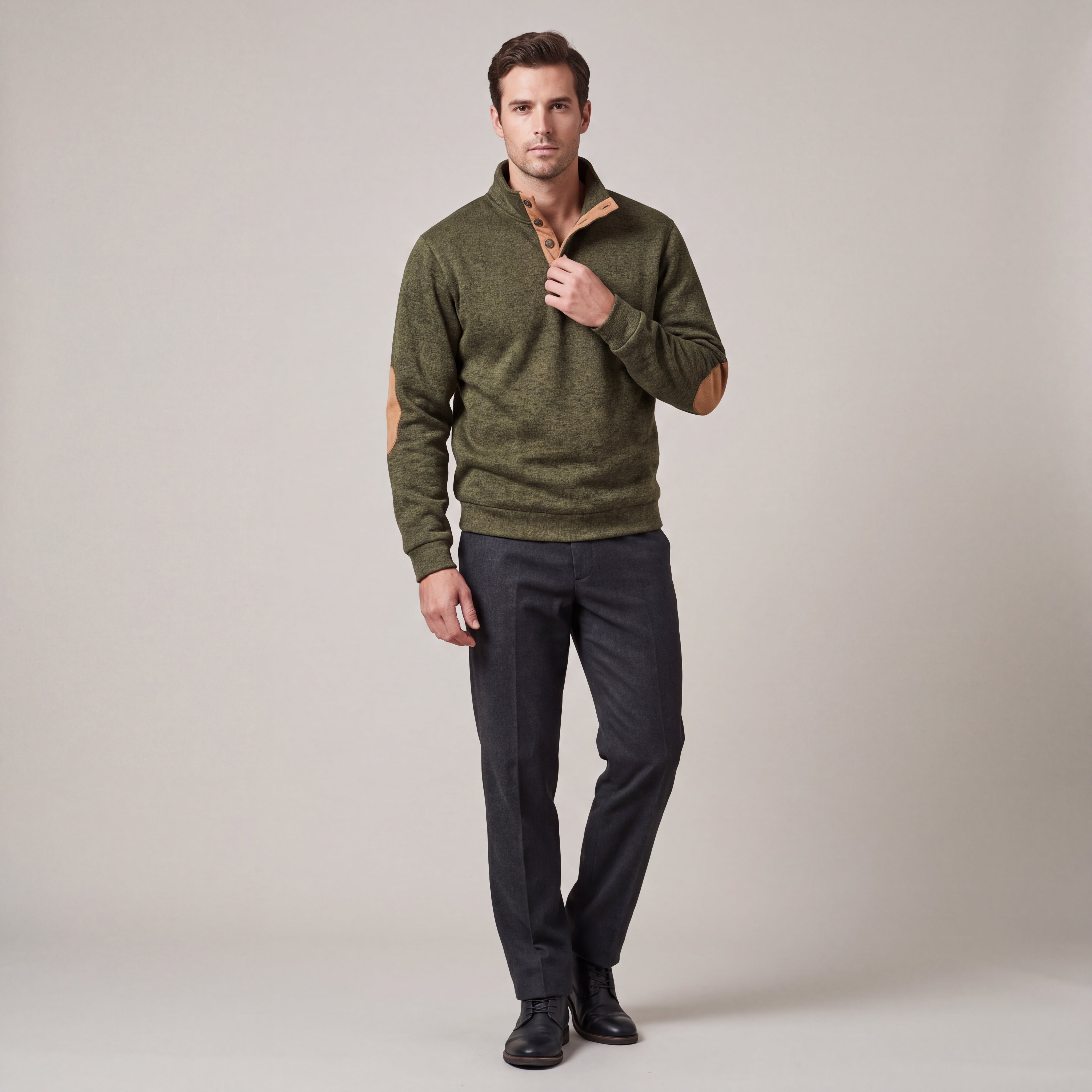 Men's Sweater with Mandarin Collar and Suede Patches